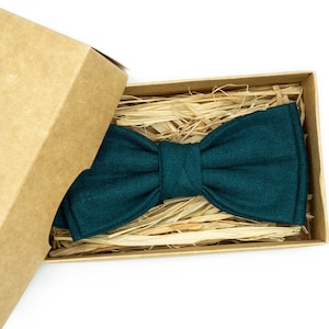Teal Green Linen Bow Tie with Pocket Square - Handmade Pre-Tied
