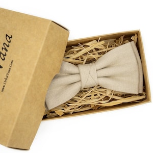 Beige color linen bow ties and neckties available with matching pocket square for Groomsmen / Beige Butterfly bow ties for men and boys