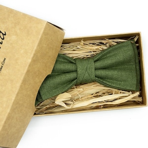 Olive Green Linen Bow Tie: Handmade Wedding Groomsmen Gift