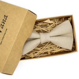 Beige Linen Bow Tie: Handmade Wedding Groomsmen Necktie