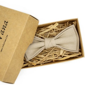 Handmade Beige Linen Bow Tie with Pocket Square - Men & Kids