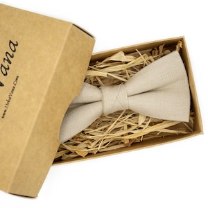 Handmade Beige Linen Bow Tie: Rustic Wedding Groomsmen, Ring Bearer