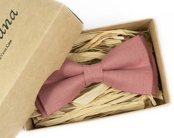 Dark Dusty Rose linen bow tie for your weddings and groomsmen / Boy's Rose bow ties available with matching pocket square