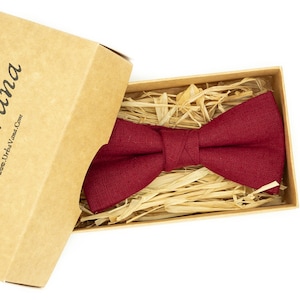 Burgundy Linen Bow Tie: Handmade Wedding Necktie with Pocket Square