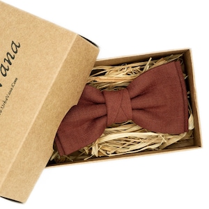 Nœud papillon en lin rouille disponible avec pochette de costume assortie / Cravate de mariage en terre cuite rouille pour cadeau de proposition de garçon d&#39;honneur
