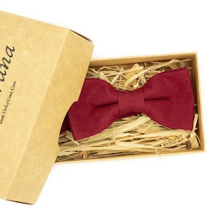 Burgundy Linen Bow Tie: Handmade Pre-Tied Groomsmen Wedding Bowtie