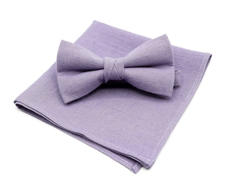 Stylish Lavender color linen Bow Tie available with matching pocket square or suspenders - perfect Groomsmen Proposal Gift ideas for wedding