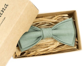 Dusty light sage green pre-tied linen men's bow tie for wedding  / Groomsmen bow tie or necktie for man