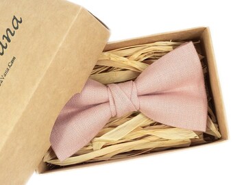 Dusty Pink wedding bow ties for groomsmen available with matching pocket square / Dusty Pale Pink linen neckties for men or boys bow ties