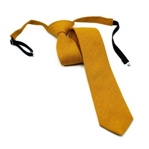 Mustard Linen Pre-Tied Necktie: Handmade Wedding Tie with Pocket Square