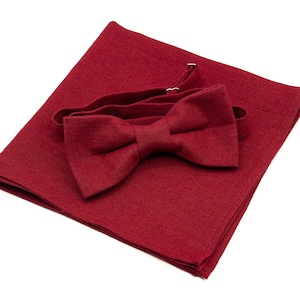 Handmade Burgundy Linen Bow Tie & Pocket Square Set