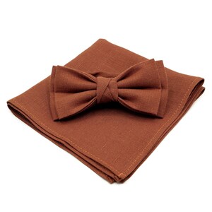 Sophisticated Rust Linen Butterfly Bow Ties for Men and Kids with matching Pocket Square