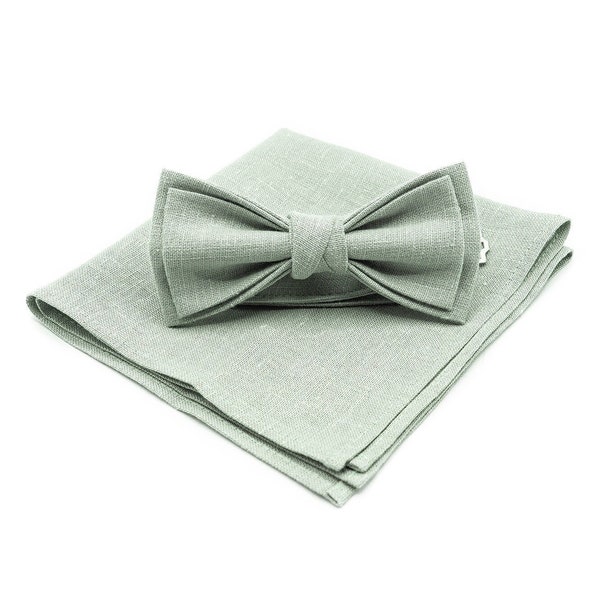 Dusty Light Sage Green bow ties for men and toddler baby boys available with matching pocket square, regular necktie or sage suspenders