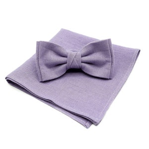 Linen Lavender Bow Tie & Pocket Square Set: Handmade Wedding Groomsmen Gift