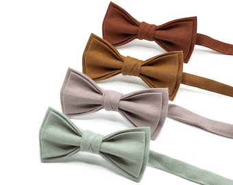 Noeuds papillon en lin prénoués de couleur personnalisée pour mariage disponibles avec pochette assortie / cravates vert sauge poussiéreux, mauve foncé, rouille ou cannelle