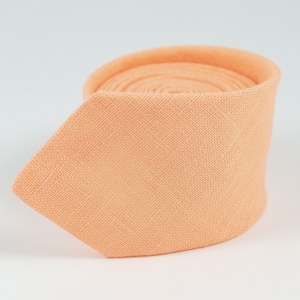 Peach color linen men's skinny wedding necktie available with matching pocket square / Peach color pre-tied neckties for men and boys