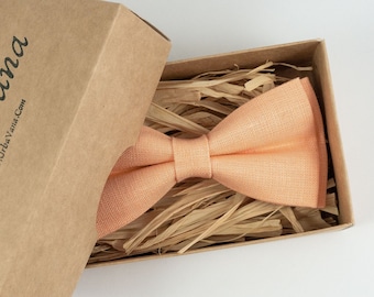 Peach color linen groomsmen bow tie for wedding available with matching handkerchief/ Anniversary or birthday gift for husband boyfriend men