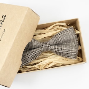 Handmade Linen Striped Bow Tie: Brown Beige Pre-Tied Bowtie