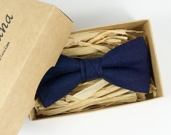 Navy Blue pre-tied bow ties for men and baby boys / Dark Blue linen wedding bow ties and neckties available with matching pocket square