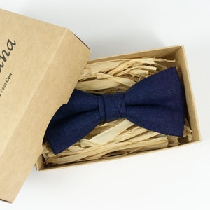 Handmade Navy Blue Linen Bow Tie: Pre-Tied Wedding Necktie