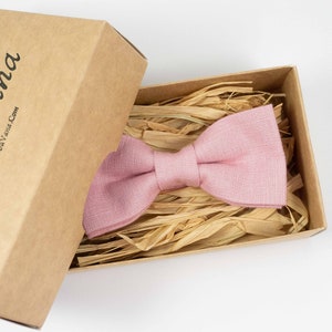 Pink Linen Bow Tie: Handmade Pre-Tied Necktie, Matching Pocket Square