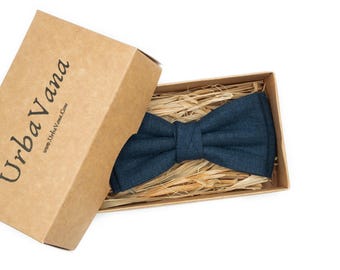 Midnight Blue Linen Bow Tie: Handmade Wedding Groomsmen