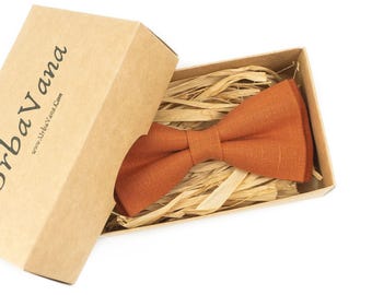 Handmade Burnt Orange Linen Bow Tie: Groomsmen Wedding Necktie