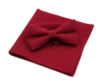 Burgundy Linen Pre-tied Bow Tie & Pocket Square Set