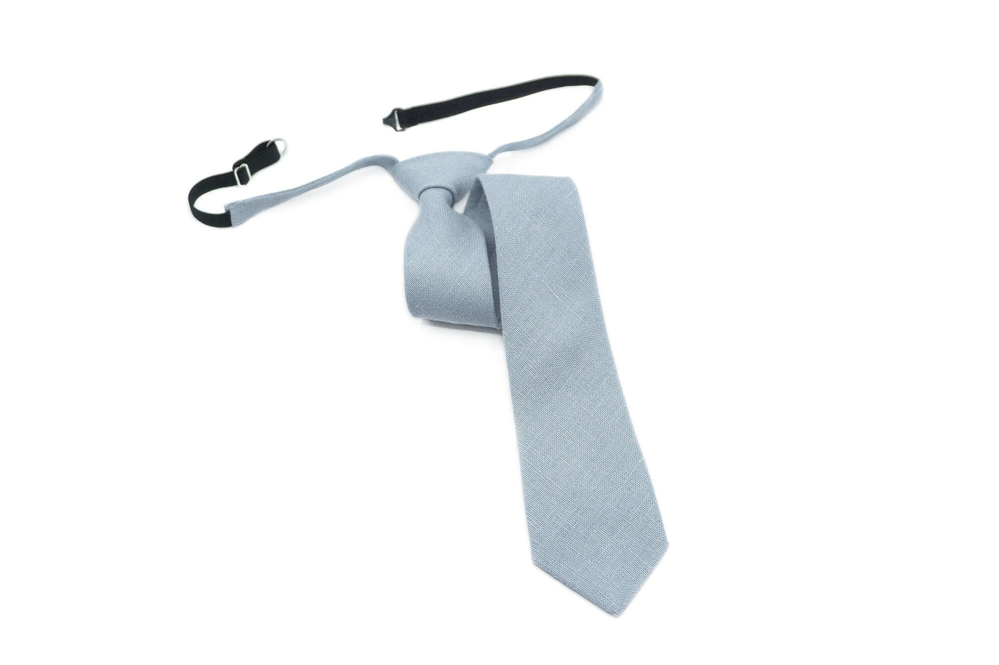 Dusty Blue Linen Pre-Tied Necktie: Skinny Wedding Tie, Boy's Tie
