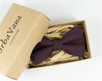 Eggplant pre-tied wedding bow ties for men and ring bearer boys / Eggplant linen bow ties for fathers day gift or gift for men
