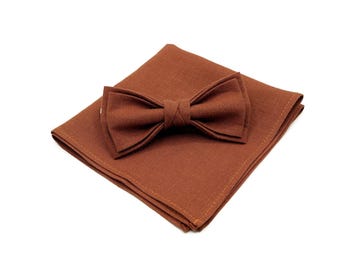 Elegant Rust Linen Wedding Bow Tie  for Groomsmen and Groom gift with Matching Pocket Square