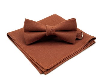 Handmade Terracotta Linen Bow Tie & Pocket Square Set