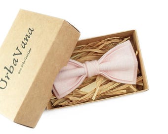 May include: A light pink bow tie rests inside a cardboard box filled with straw. The box is open, revealing the bow tie. The box has the text "UrbaVana" and the website address printed on the side.