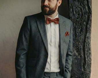 Terracotta Rust Linen Bow Tie Set for Men and Boys - Burnt Orange Wedding