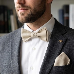 Beige Linen Bow Tie and Pocket Square Wedding Set