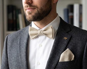 Beige Linen Bow Tie and Pocket Square Wedding Set