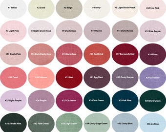 May include: A colour chart with 36 different fabric swatches, each labelled with a number and a colour name. The swatches are arranged in six rows of six, with the colours ranging from white to dark green.