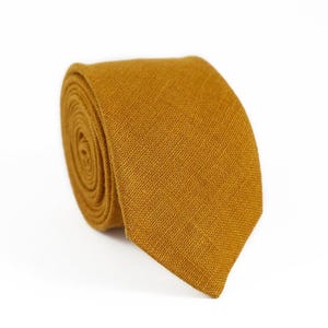 Mustard linen skinny wedding necktie for men as groomsmen proposal gift