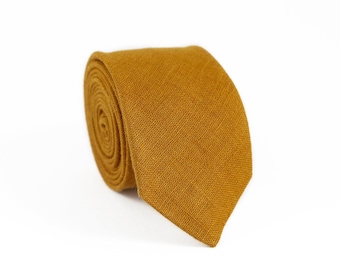 Mustard linen skinny wedding necktie for men as groomsmen proposal gift