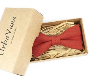 Red Brick linen men's wedding bow ties for groomsmen proposal gift /  Red Brick skinny or standard neckties for men and matching suspenders