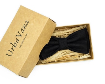 Black Linen Pre-Tied Bow Tie: Handmade Wedding Groomsmen Gift