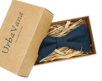 Midnight Blue Linen Bow Tie: Pre-Tied Groomsmen Wedding Bowtie