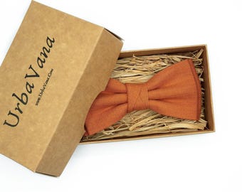 Burnt Orange Linen Bow Tie: Handmade Wedding Groomsmen Gift