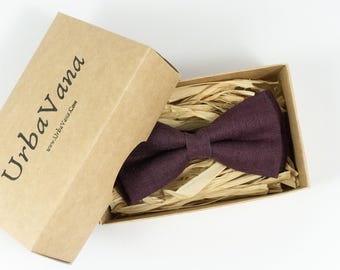 Eggplant Linen Bow Tie: Handmade Wedding Groomsmen Bowtie