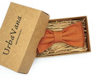 Handmade Burnt Orange Linen Bow Tie: Men's & Boy's Wedding Necktie