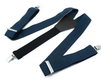 Midnight Blue Linen Y-Back Suspenders: Groomsmen Wedding Attire
