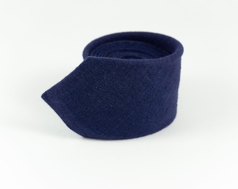 Navy Blue Self-Tied Neckties | Handmade Linen Men's Gift | Wedding Skinny Ties