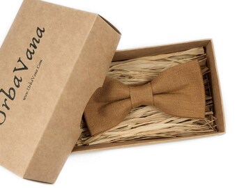 Camel Linen Bow Tie: Brown Pre-Tied Groomsmen Gift