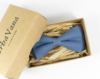 Denim Blue pre-tied linen bow ties for men and boys as gift for men/ Denim blue wedding bow ties for groomsmen and ring bearer