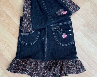 Girls denim frilly ra-ra style skirt age 10-11 matching shoulder bag up-cycled denim jeans